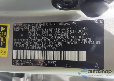 2013 Toyota Highlander Se V6 z USA, uszkodzony, nr VIN 5TDBK3EH9DS183274